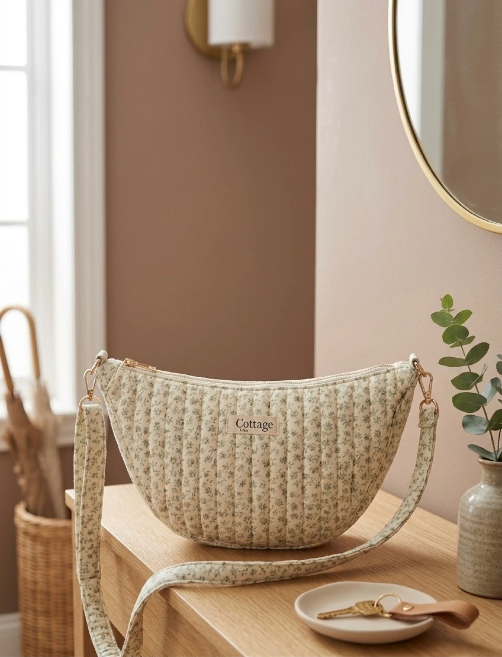Sac Lune 100% Coton Matelassé Collection Cottage & Bag / Modèle Petits Bouquets Vert